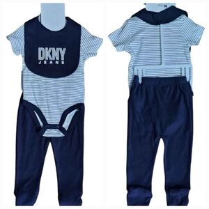 NWT DKNY Baby Striped Bodysuit, Pants and Bib Set ~6-9M